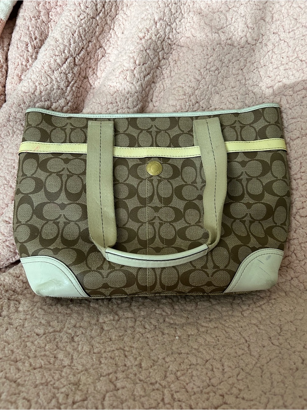 Coach Canvas Signature Stripe Tote in Brown and Cream with Pale Yellow Trim - Picture 3 of 6